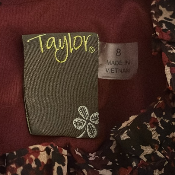 TAYLOR Black Maroon Print Long Sleeve Chiffon Smocked Waist Mini Dress Size 8 - Picture 7 of 10